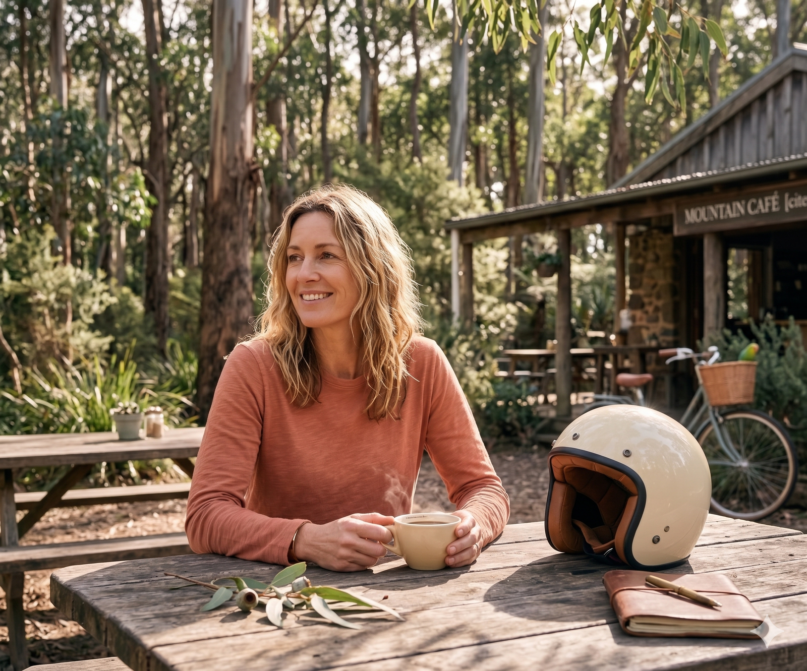 Woman rider arrived at Australian mountain bush café
