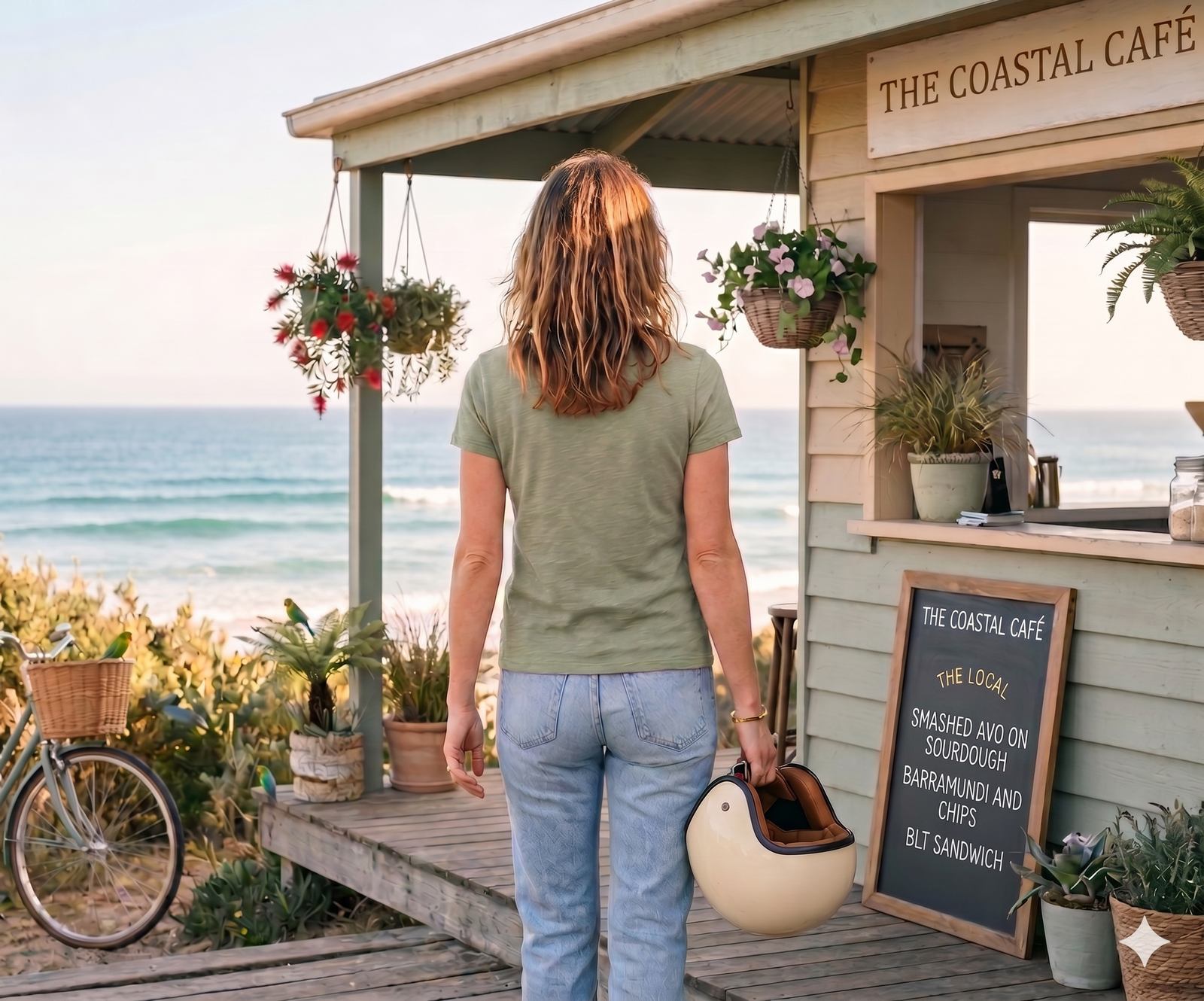 Woman rider holding helmet outside coastal Australian café