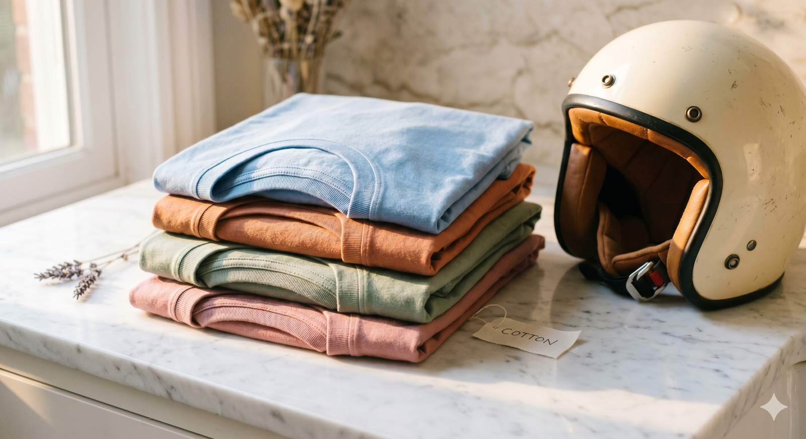 Folded colourful women's tops beside a cream motorcycle helmet